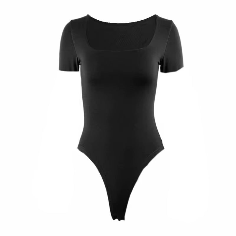 Short Sleeve Bodysuits Summer Square-Cut Collar Solid Bodycon Elastic Romper Sexy Y2K Women Clothing Fashion Club Party 2521