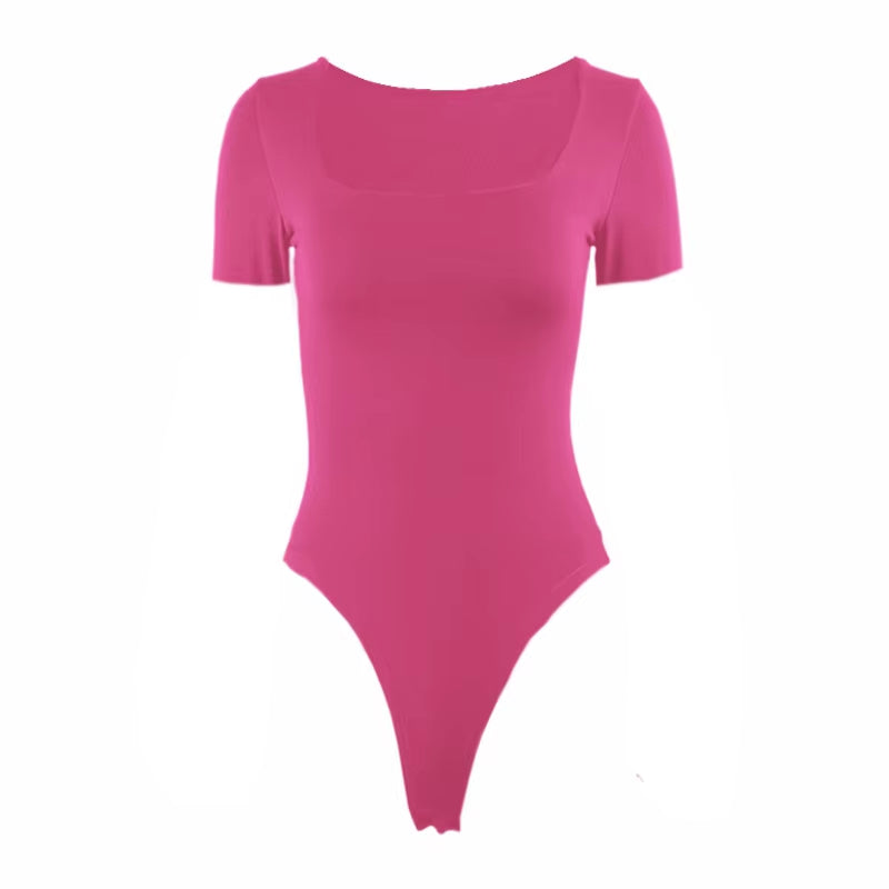 Short Sleeve Bodysuits Summer Square-Cut Collar Solid Bodycon Elastic Romper Sexy Y2K Women Clothing Fashion Club Party 2521
