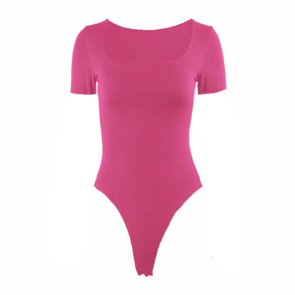 Short Sleeve Bodysuits Summer Square-Cut Collar Solid Bodycon Elastic Romper Sexy Y2K Women Clothing Fashion Club Party 2521