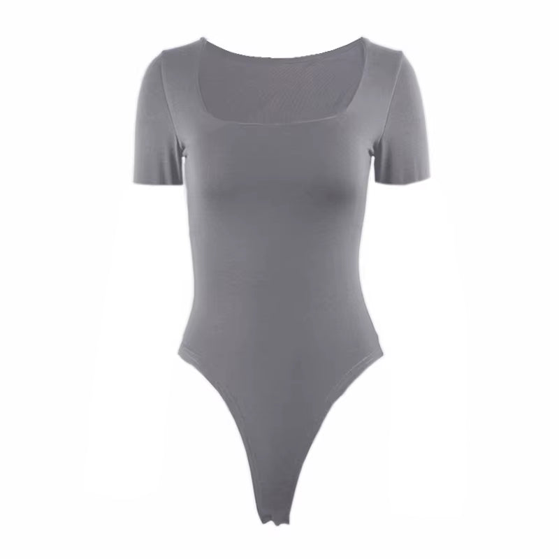 Short Sleeve Bodysuits Summer Square-Cut Collar Solid Bodycon Elastic Romper Sexy Y2K Women Clothing Fashion Club Party 2521