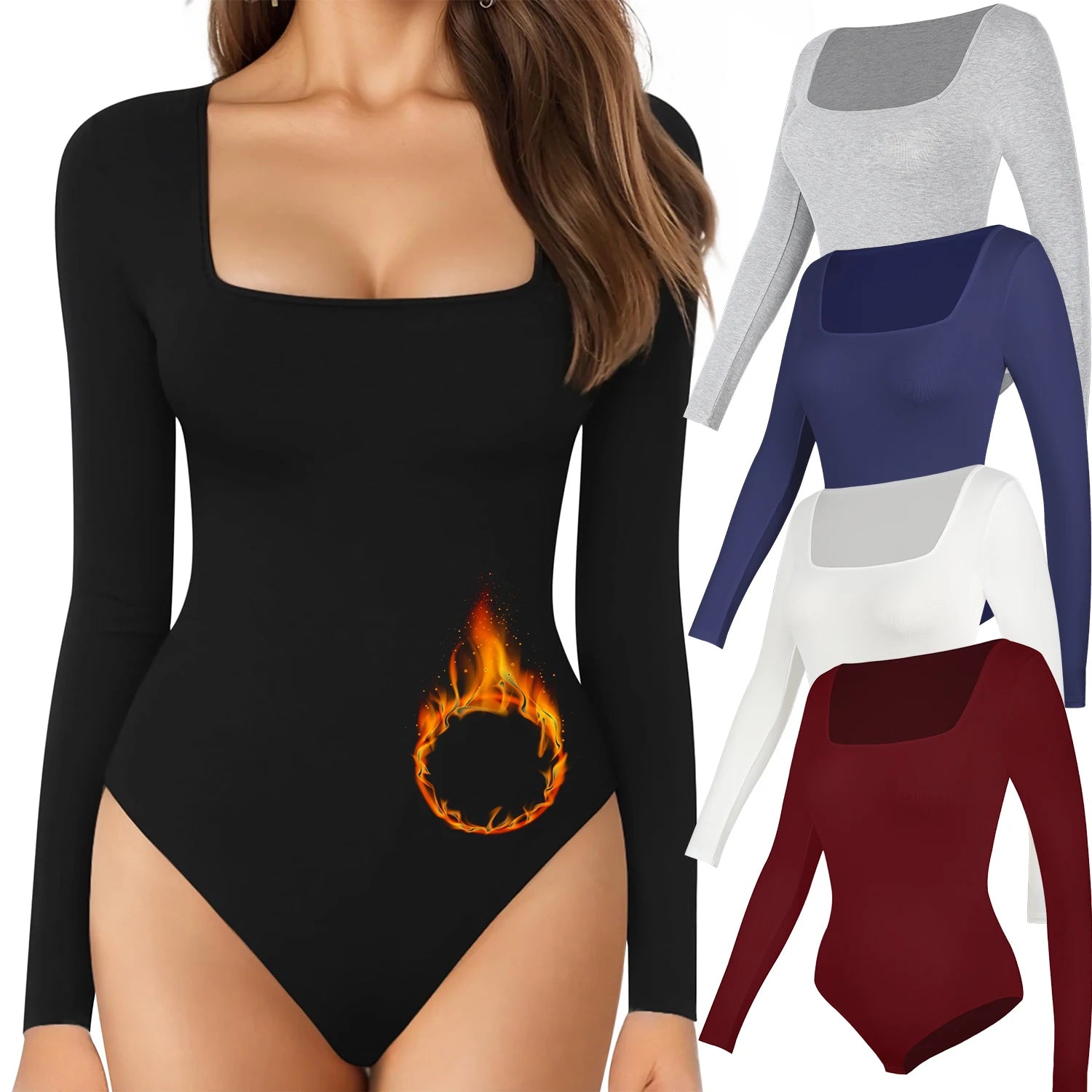 Autumn Square Neck Bodysuit Women'S Long Sleeved Shapewear Tummy Control Body Shaper Lady Streetwear Female Warm Clothing Winter