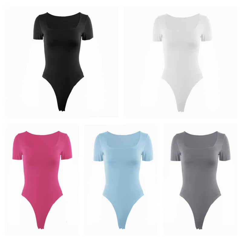 Short Sleeve Bodysuits Summer Square-Cut Collar Solid Bodycon Elastic Romper Sexy Y2K Women Clothing Fashion Club Party 2521