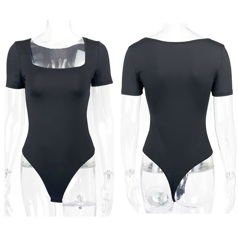 Short Sleeve Bodysuits Summer Square-Cut Collar Solid Bodycon Elastic Romper Sexy Y2K Women Clothing Fashion Club Party 2521