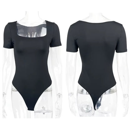 Short Sleeve Bodysuits Summer Square-Cut Collar Solid Bodycon Elastic Romper Sexy Y2K Women Clothing Fashion Club Party 2521