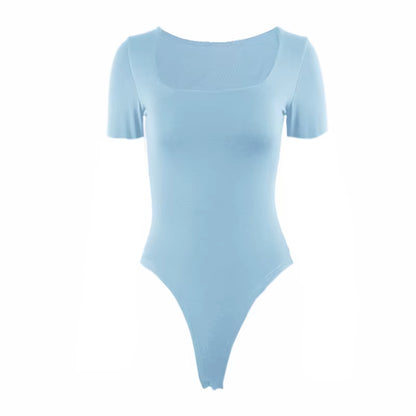 Short Sleeve Bodysuits Summer Square-Cut Collar Solid Bodycon Elastic Romper Sexy Y2K Women Clothing Fashion Club Party 2521