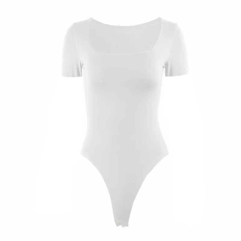 Short Sleeve Bodysuits Summer Square-Cut Collar Solid Bodycon Elastic Romper Sexy Y2K Women Clothing Fashion Club Party 2521
