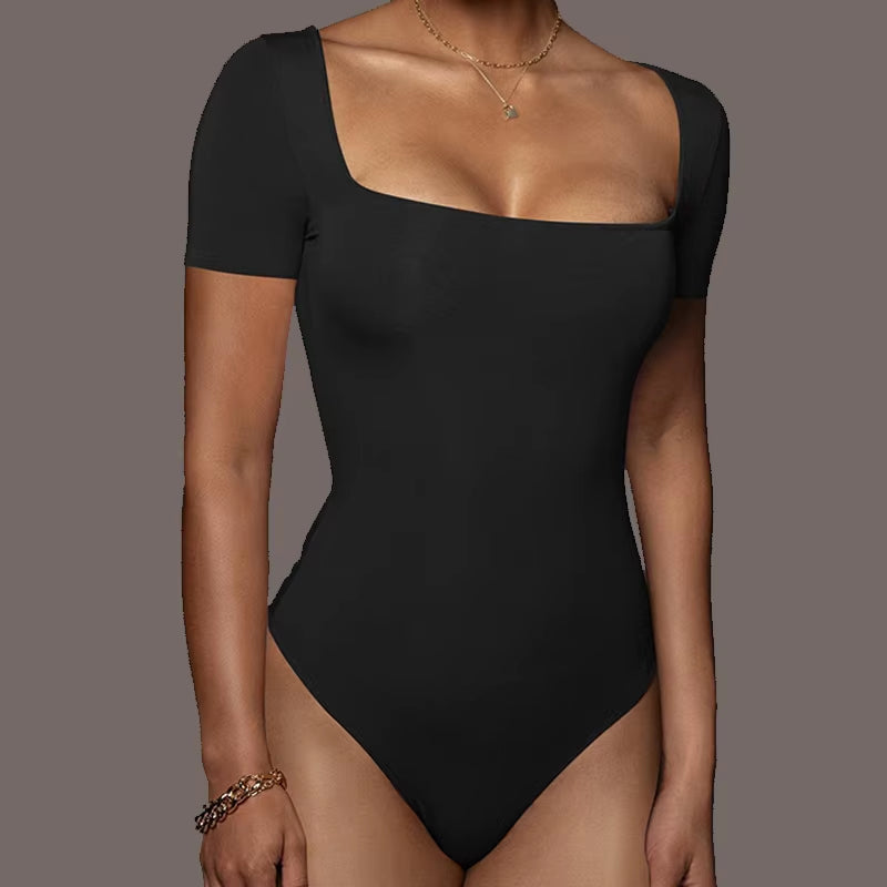 Short Sleeve Bodysuits Summer Square-Cut Collar Solid Bodycon Elastic Romper Sexy Y2K Women Clothing Fashion Club Party 2521