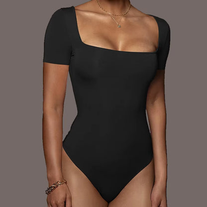 Short Sleeve Bodysuits Summer Square-Cut Collar Solid Bodycon Elastic Romper Sexy Y2K Women Clothing Fashion Club Party 2521